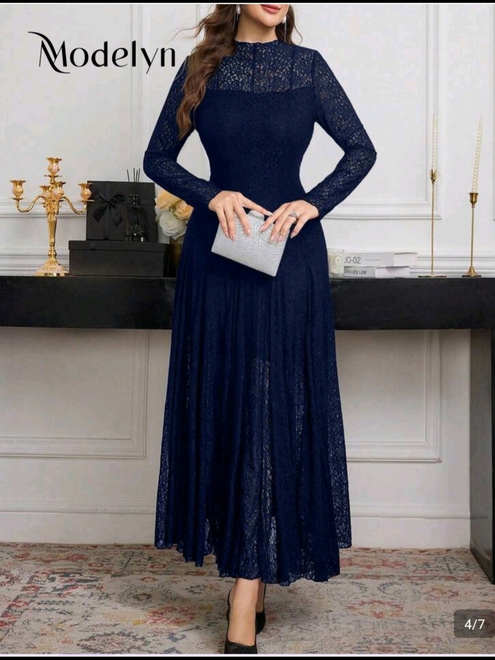 SHEIN Navy Lace Long Sleeve Maxi Dress